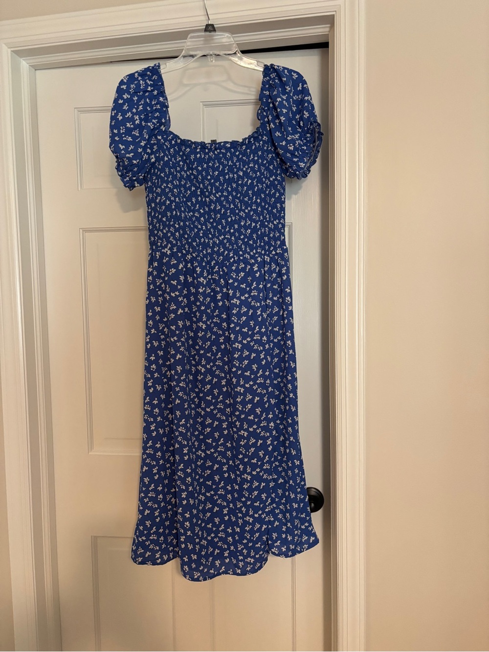 Vigoss Royal Blue Floral Smocked Puff Sleeve Midi Dress